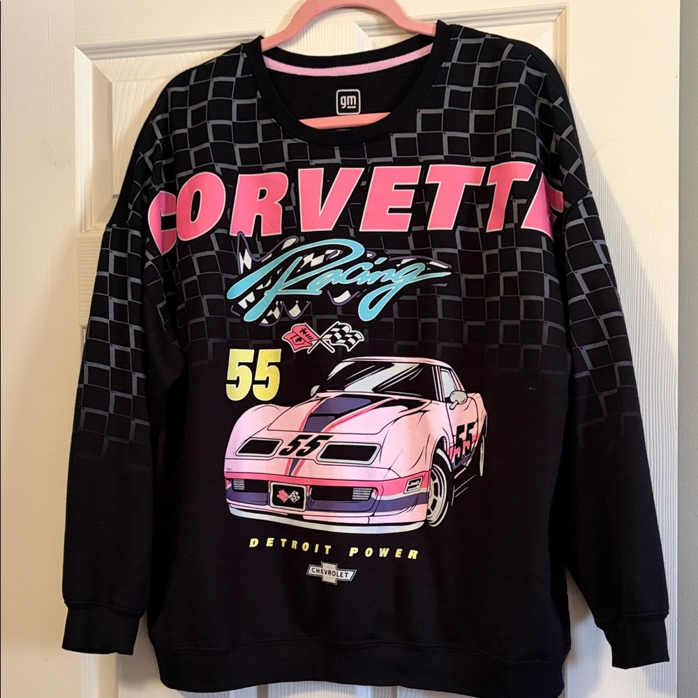 GM Women's Black and Pink Corvette Crew Neck Sweater